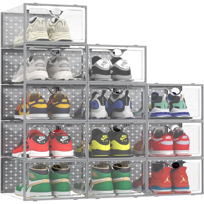 XXL Larger Shoe Storage Boxes Fit Size 14, Clear Plastic Stackable Shoe Organizer 12 Pack Sneaker Storage for Sneakerheads Shoe Containers