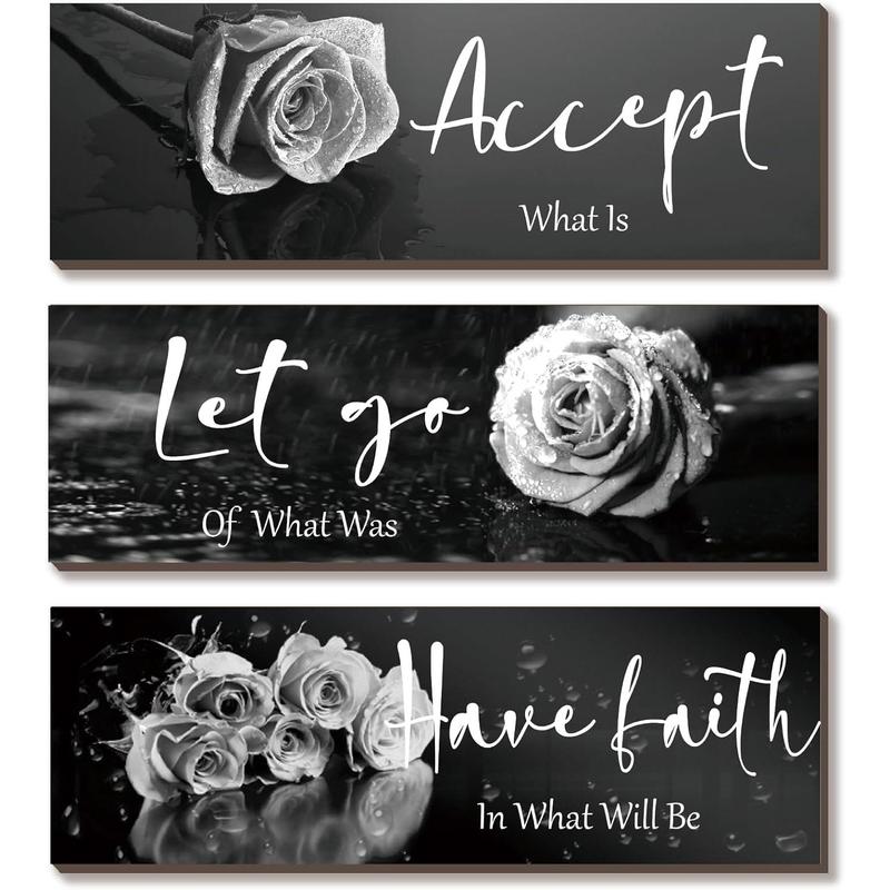 3 Pcs Red Decor Flower Inspirational Wooden Wall Art Red Roses Decor Office Wall Decor with Accept Let Go Have Faith Positive Quotes for Girl Women Bathroom Living Room Bedroom(Red Rose12 x 4 Inch) Decoration Hanging