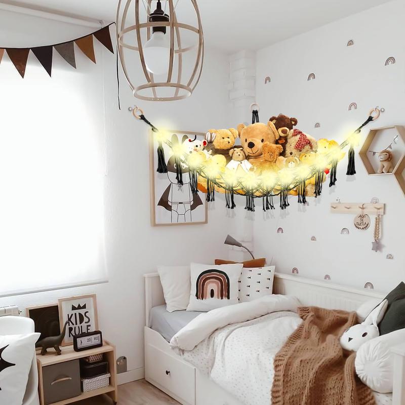 Stuffed Animal Hammock with LED Light, Toy Hammock for Stuffed Animals Storage for Room Decor, Stuffed Animal Hammock Corner Cotton Decoration