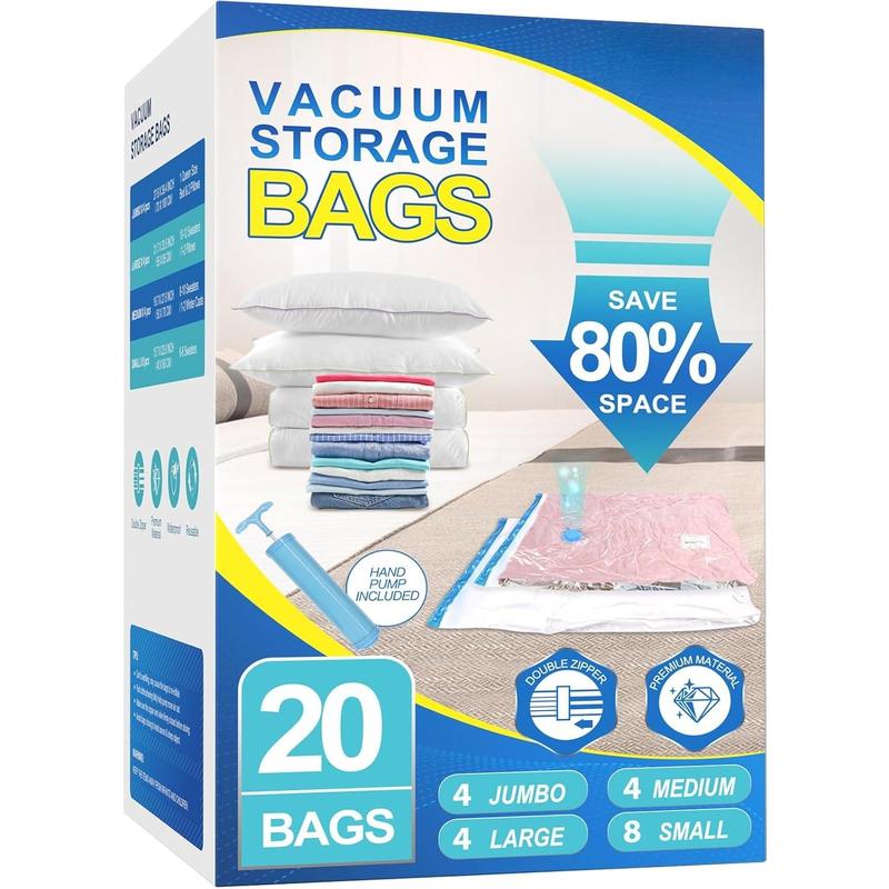 20 Pack Vacuum Storage Bags with Hand Pump, 4  + 4 Large + 4 Medium + 8 Small 80% Space Saver Vacuum Seal Bags for Clothing, Vacuum  Bags Travel Lugggage, Blankets, Comforters