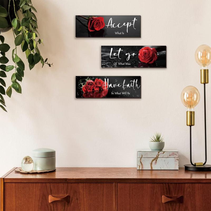 3 Pcs Red Decor Flower Inspirational Wooden Wall Art Red Roses Decor Office Wall Decor with Accept Let Go Have Faith Positive Quotes for Girl Women Bathroom Living Room Bedroom(Red Rose12 x 4 Inch) Decoration Hanging