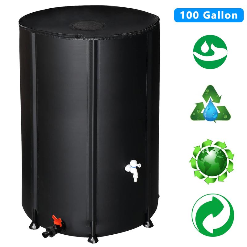 100 Gallon Portable Rain Barrel Water Tank - Collapsible Rainwater Collection System Storage Container - Rain Collector Barrel with Two Spigots and Overflow Kit - includes 100 Garden Labels