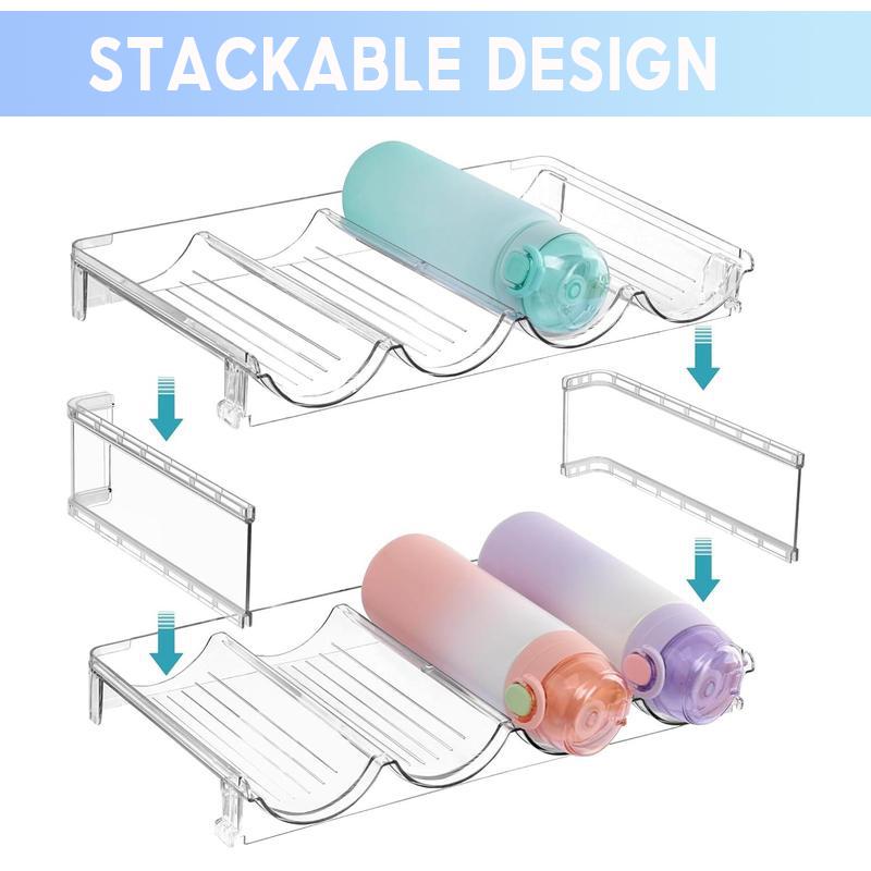 2-4 Layers Stackable Drinking Bottle Organizer and Storage Rack - Home Essential Supplies. Plastic Steel Pet Stainless Water Bottle Holder for Kitchen Cabinet & Fridge Organizer. Large compartment fits all size bottles up to 40oz.