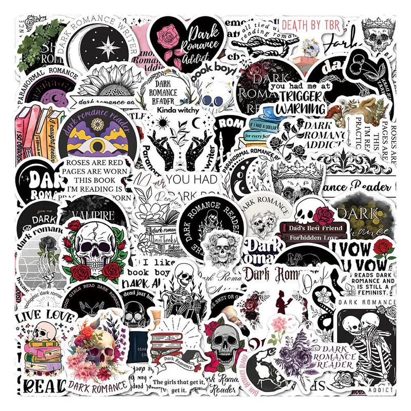 Black Romance Themed Pattern Sticker, 63pcs set Halloween Graffiti Waterproof Decorative Sticker, DIY Decals for Water Bottle, Laptop, Phone Case, Luggage, Refrigerator, Skateboard, Scrapbooking, Journal Making