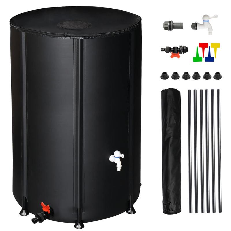 100 Gallon Portable Rain Barrel Water Tank - Collapsible Rainwater Collection System Storage Container - Rain Collector Barrel with Two Spigots and Overflow Kit - includes 100 Garden Labels