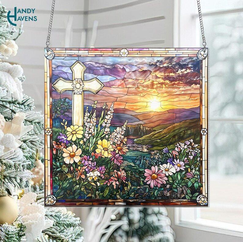 Wildflowers Cross Sunset Acrylic Suncatcher, Christian Suncatcher Decoration, Home Decoration, Christian Cross Gifts, Jesus Christmas Gift