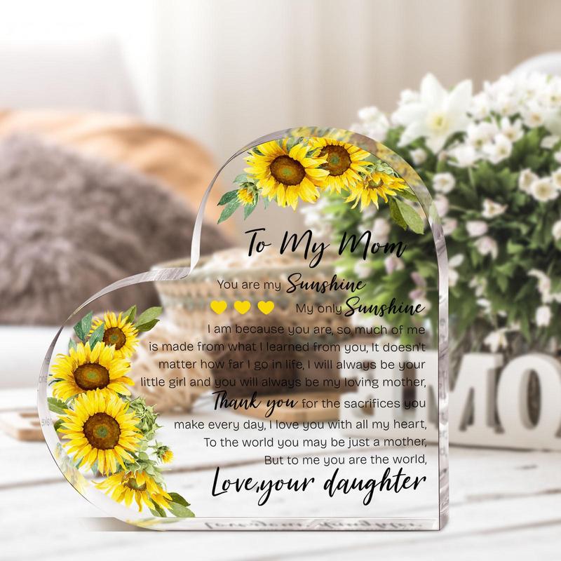 Sunflower Pattern Acrylic Heart Shaped Ornament, 1 Count Creative Inspirational Gift for Mom, Commemorative Decorative Gift for Home Office Desk