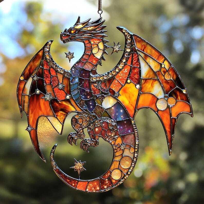 Red Dragon Acrylic Window Hanging, Fantasy Art Wall Decor, Halloween Gift for Kids, Animal Ornament for Home and Living Room Decoration