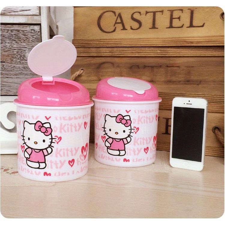 Tech Comforts  Sanrio Hello Kitty Quiet-Close Trash Can - Cylindrical, Press-Top Wastebasket For Desk Storage, Durable Abs Material, Pink