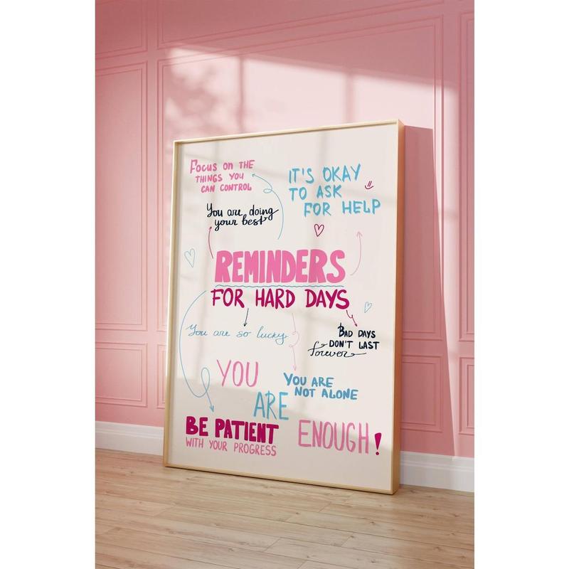 Reminders for Hard Days Wall Art, Positive Preppy Blue Pink Quote Print, Trendy Dorm Room Decor for Bedroom