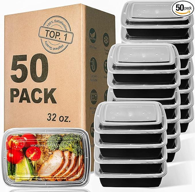 Meal Prep Containers, 32OZ 50 Pack Extra-thick Food Storage Containers with Lids, Plastic Microwavable Bento Box Reusable Storage Lunch Boxes BPA Free, Stackable, Dishwasher Freezer Safe Disposable