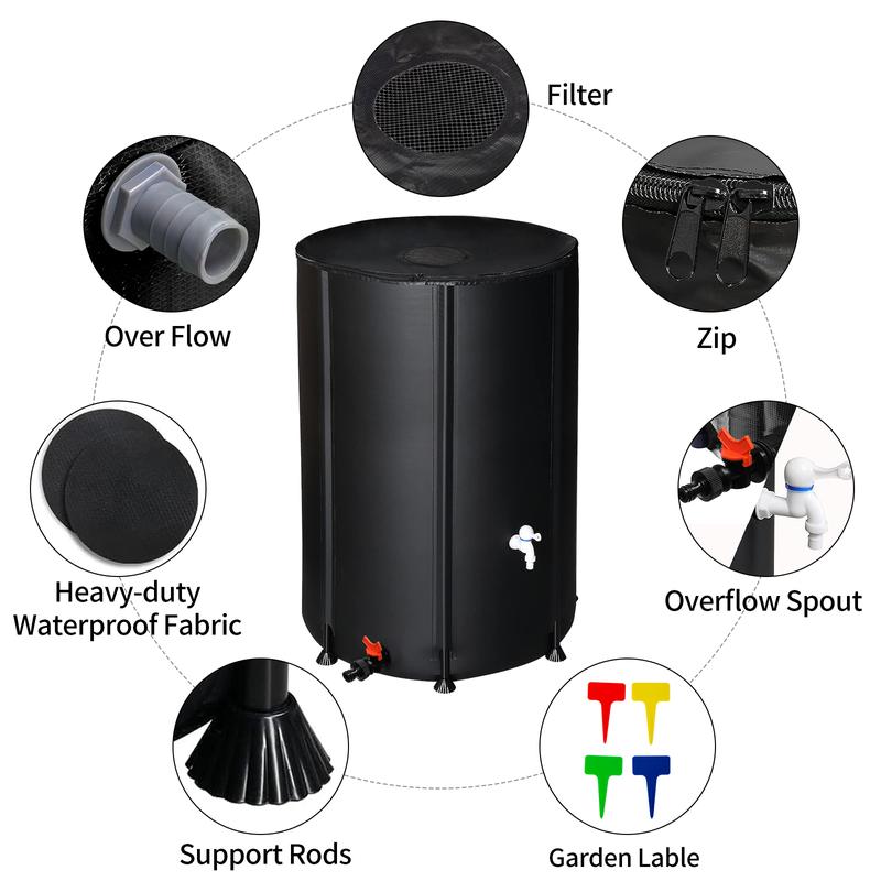 100 Gallon Portable Rain Barrel Water Tank - Collapsible Rainwater Collection System Storage Container - Rain Collector Barrel with Two Spigots and Overflow Kit - includes 100 Garden Labels