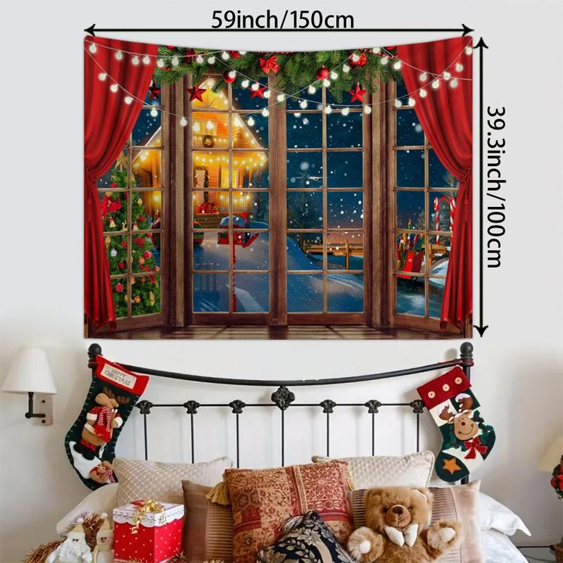 Christmas Themed Tapestry, 1 Count 3D Effect Window Background Tapestry, Festive Decoration Tapestry for Home Living Room Bedroom