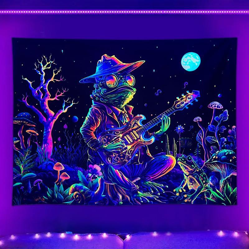 Frog Musician Pattern Tapestry, 1 Count Fluorescent Frog Hanging Tapestry, UV Light Responsive Tapestry, Wall Hanging Decor for Home Bedroom Living Room