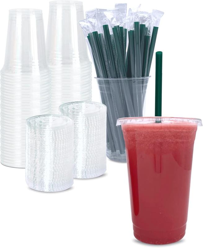 [50 SETS] 20 oz Clear Plastic Cups with Lids and STRAWS, Disposable Drinking Cups for Cold Drinks, Iced Coffee, Milkshakes, Smoothies