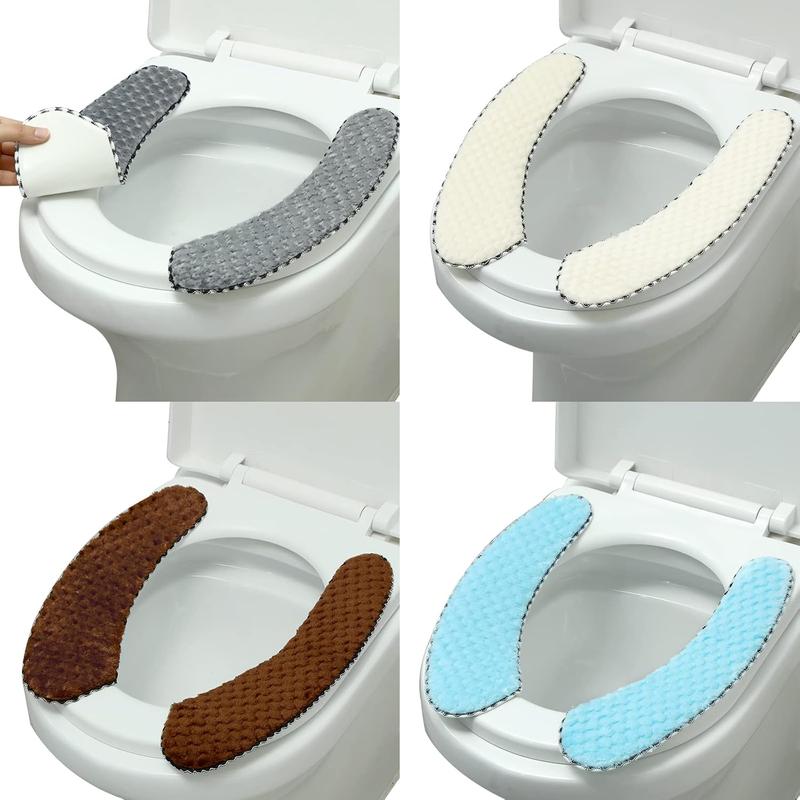 4 Pair Washable Toilet Seat Covers Mat Thick Padded Warm Plush Toilet Seat Cushion with Self Adhesive Tape for Bathroom Nonslip Soft Toilet Cover Home Bathroom Supplies, Grey Brown White Blue