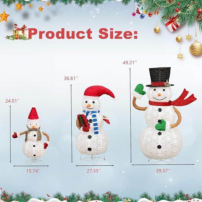 DKLGG 3 Piece Lighted Snowman Christmas Decorations, Outdoor Pop-up 2FT 3FT 4FT High Snowman w 210 Lights, Snowman Family