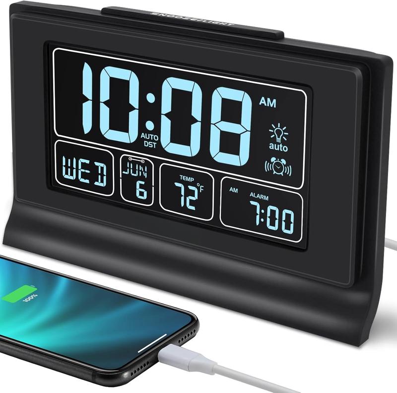 Alarm Clocks for Bedrooms with  Backup, Auto Set Digital Clock with Date and Day of Week, Temperature, USB Port, Auto DST, Dimmer, 12 24H