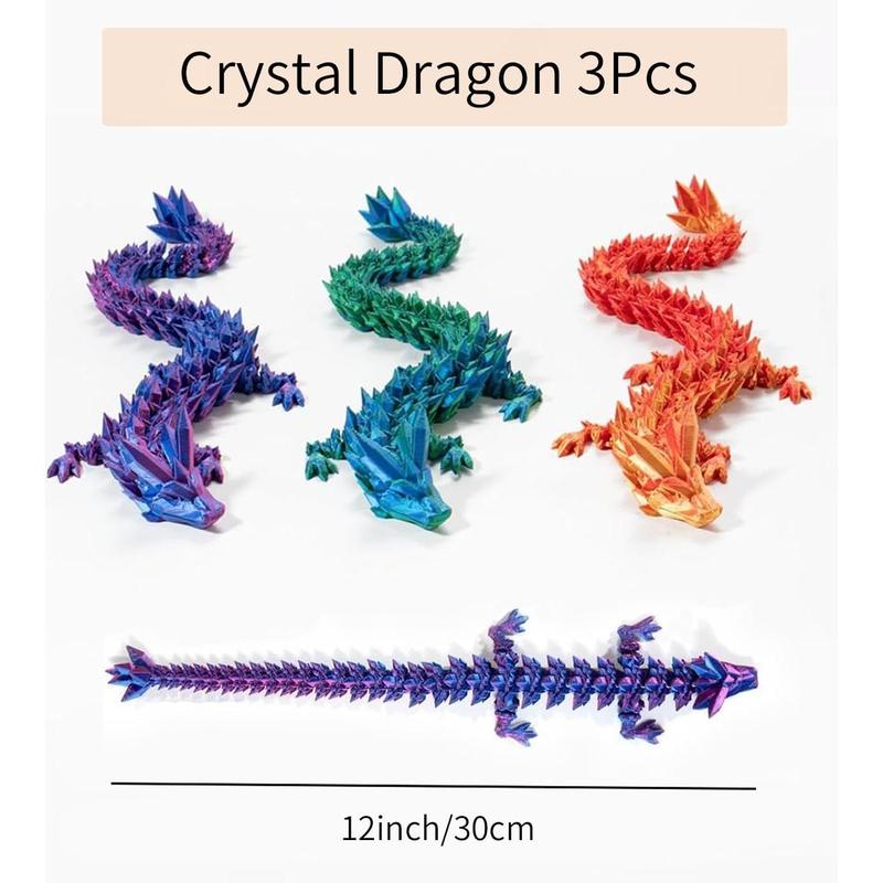 3 Pcs 3D Printed Crystal Dragon Ornament 12in. Creative Engraving Flexible Articulated Dragon Toy. Desktop Decor for Home Office Dormitory Car School.(Purple+Green+Red)