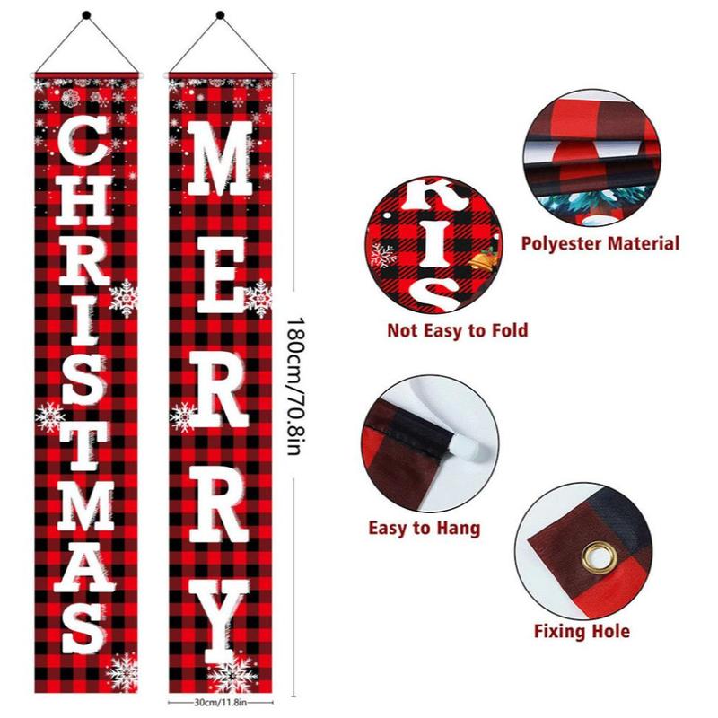 Merry Christmas Door Banner, 1 Pair Christmas Themed Plaid Door Banner, Outdoor Hanging Decoration for Home Garden Yard Garage