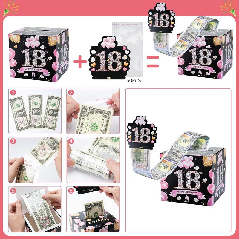 18th Birthday Gifts for Girls,  Birthday Gifts for 18 Year Old Girl Boy, Pink 18th Birthday Decorations for Girls, Birthday Money Gifts Box for  Pull, Cool Birthday Gift Idea