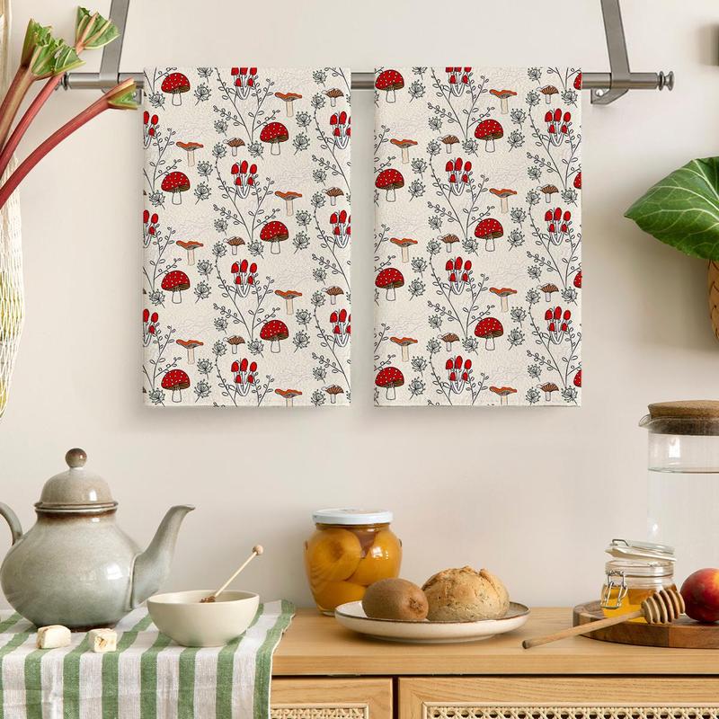 Mushrooms Print Kitchen Towel Set, 2 Counts Soft Absorbent Hand Towel, Dish Cleaning Cloth, Multi-purpose Kitchen Towel, Tea Towel, Dish Towels, Kitchen Accessories, Summer Sets