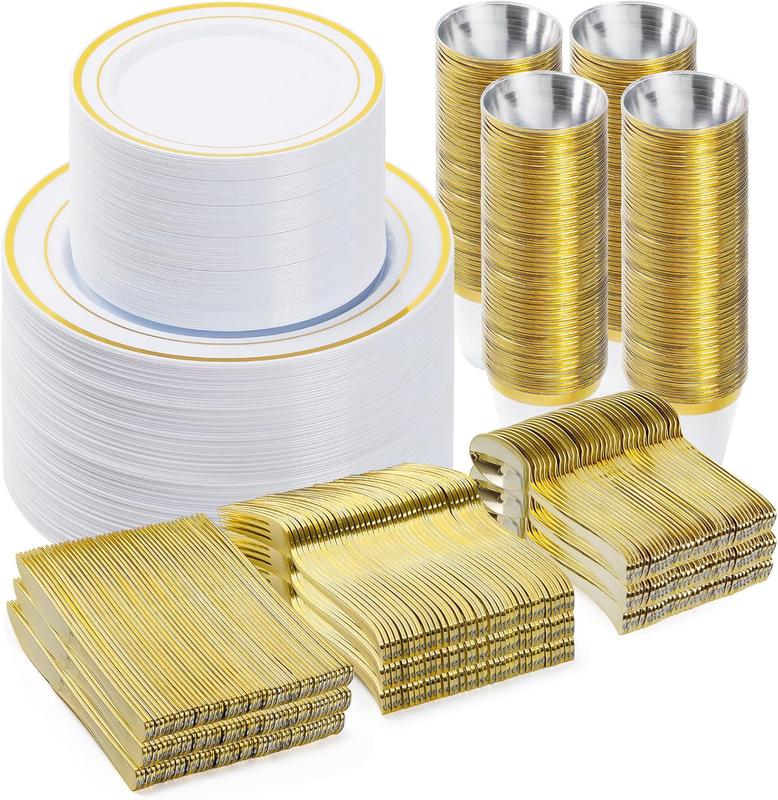 Wellife 600Pcs Guilter Dinnerware Set for 100 Guests, Plastic Plates for Christmas, Party,  100 Gold Disposable Plates, 100 Dessert Plates, 100 Cups, 100 Spoons, 100 Forks and 100 Knives