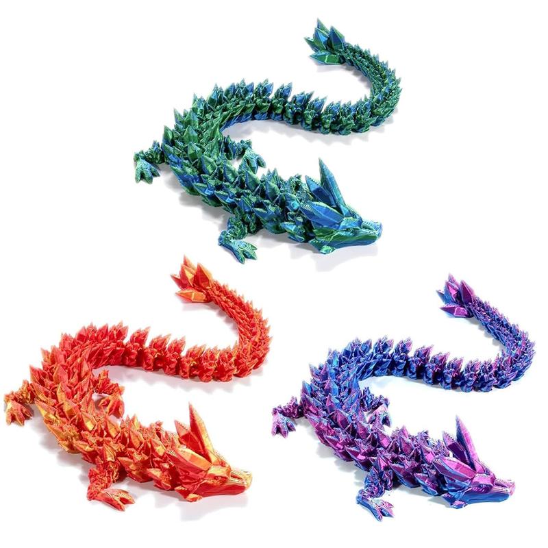 3 Pcs 3D Printed Crystal Dragon Ornament 12in. Creative Engraving Flexible Articulated Dragon Toy. Desktop Decor for Home Office Dormitory Car School.(Purple+Green+Red)