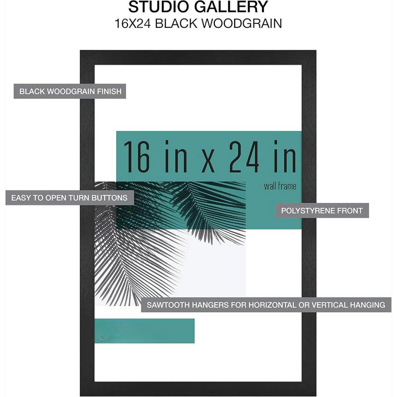 16‘’x24‘’ Studio Gallery Poster Frame Black Woodgrain, Vertical & Horizontal Wall Hanging Large Picture Frame for Photos, Posters & Art Prints