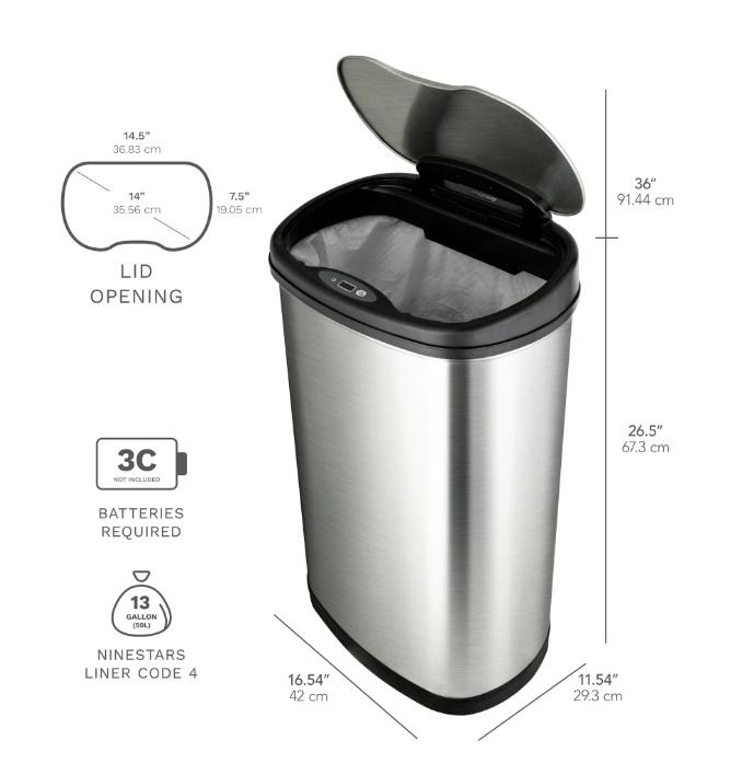 13.2 Gallon Trash Can, Motion Sensor Kitchen Trash Can, Stainless Steel Cleaning Hand