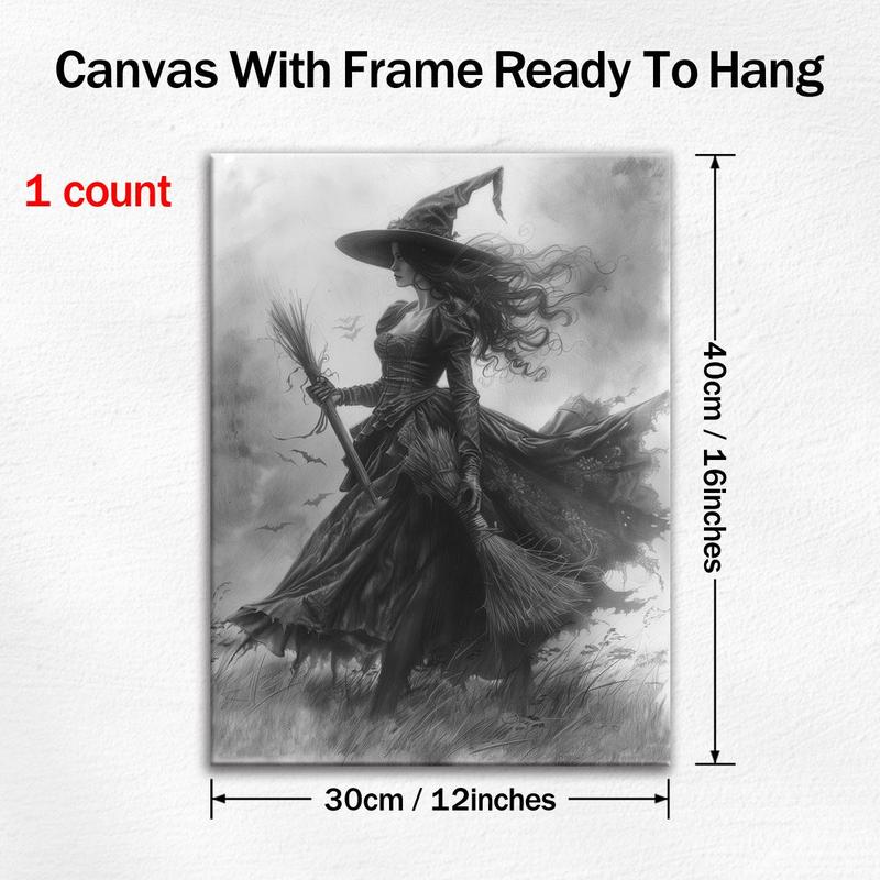 Witch Pattern Framed Painting, 1 Count Creative Canvas Wall Art, Halloween Modern Wall Decor for Home Living Room Bedroom Study Room