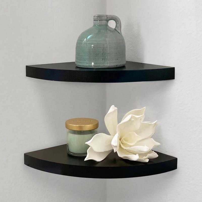 Set of 2 Black Wood Round Corner Floating Shelves - Medium Density Fiberboard - Decorative, Decor Hanging Mount Shelf Wall