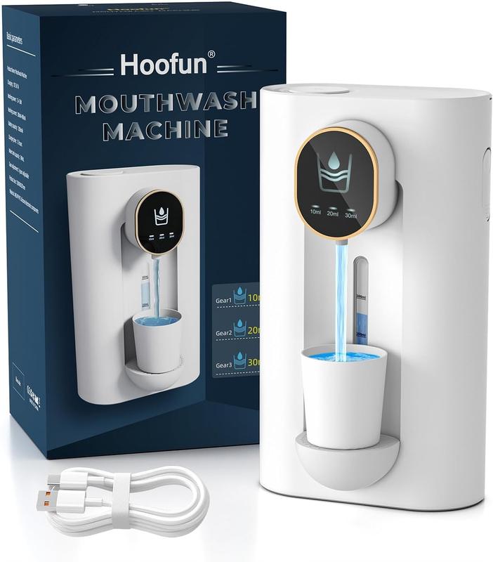 Hoofun Automatic Mouthwash Dispenser for Bathroom,Suitable for All Age Groups, Bathroom Accessories White，18.26Oz Wall Mounted Mouth Wash Dispenser with Magnetic Cups, Smart Mouthwash，3 Dispensing Level