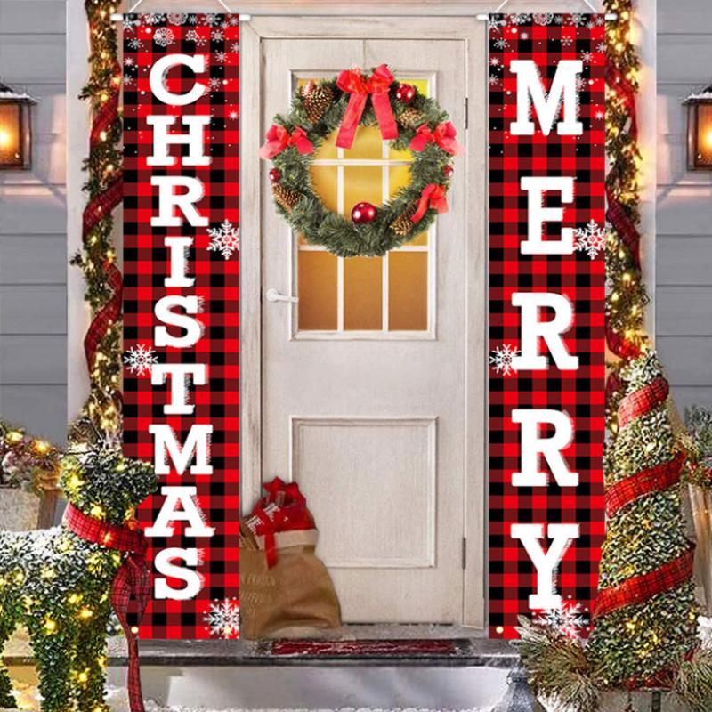 Merry Christmas Door Banner, 1 Pair Christmas Themed Plaid Door Banner, Outdoor Hanging Decoration for Home Garden Yard Garage