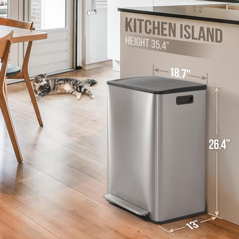 Dual Trash Can with Lid, Trash and Recycling Bins Combo for Kitchen, Hands-Free Stainless-Steel Garbage Can with 2 Compartment, Hinged Lid, Odor Filter, Handles, 30L+30L, 2 x 8 Gallon