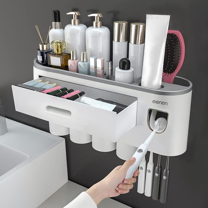 Toothbrush Holder & Mouthwash Cup, 1 Count Wall Mounted Toothbrush Holder with Toothpaste Dispenser & Large Capacity Cosmetic Drawer, Bathroom Organizer for Home Hotel Dormitory Salon