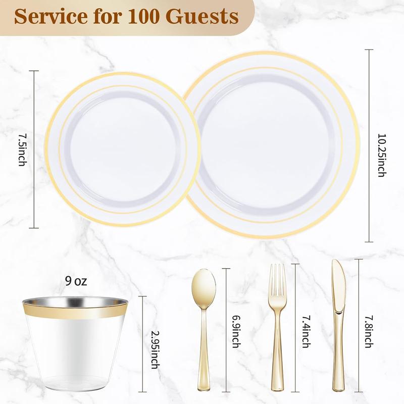 Wellife 600Pcs Guilter Dinnerware Set for 100 Guests, Plastic Plates for Christmas, Party,  100 Gold Disposable Plates, 100 Dessert Plates, 100 Cups, 100 Spoons, 100 Forks and 100 Knives