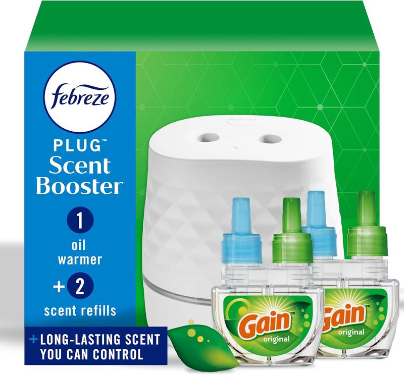 Febreze Plug Starter Kit - Scent Booster Diffuser + 2 Gain Original Refills for Continuous Freshness