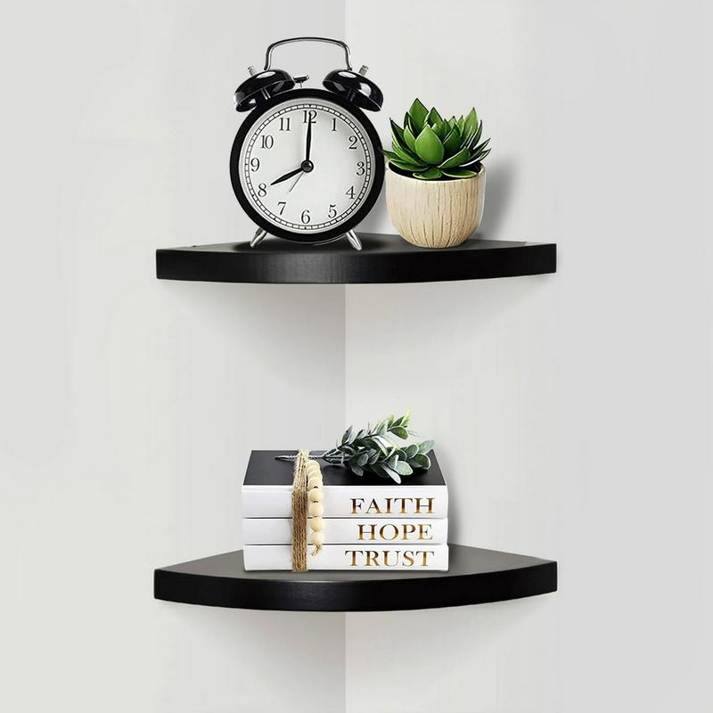 Set of 2 Black Wood Round Corner Floating Shelves - Medium Density Fiberboard - Decorative, Decor Hanging Mount Shelf Wall