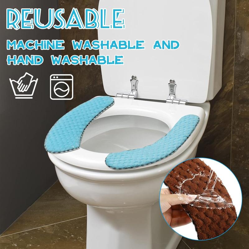 4 Pair Washable Toilet Seat Covers Mat Thick Padded Warm Plush Toilet Seat Cushion with Self Adhesive Tape for Bathroom Nonslip Soft Toilet Cover Home Bathroom Supplies, Grey Brown White Blue