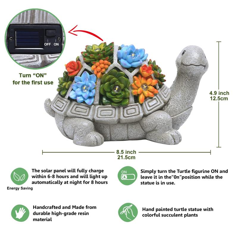 Solar Garden Outdoor Statues Turtle with Succulent and 7 LED Lights - Lawn Decor Tortoise Statue for Patio, Balcony, Yard Ornament - Unique Housewarming Gifts