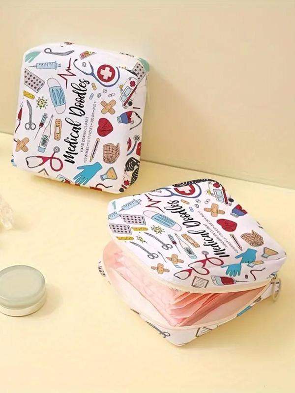 Medical Tool Pattern Portable Sanitary Napkin Storage Bag, Lightweight Tissue Bag for Women's Products, Travel Cosmetics Storage Bag