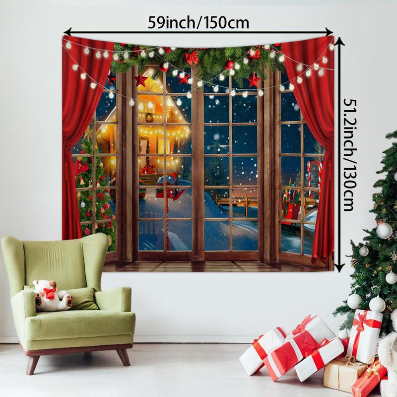 Christmas Themed Tapestry, 1 Count 3D Effect Window Background Tapestry, Festive Decoration Tapestry for Home Living Room Bedroom