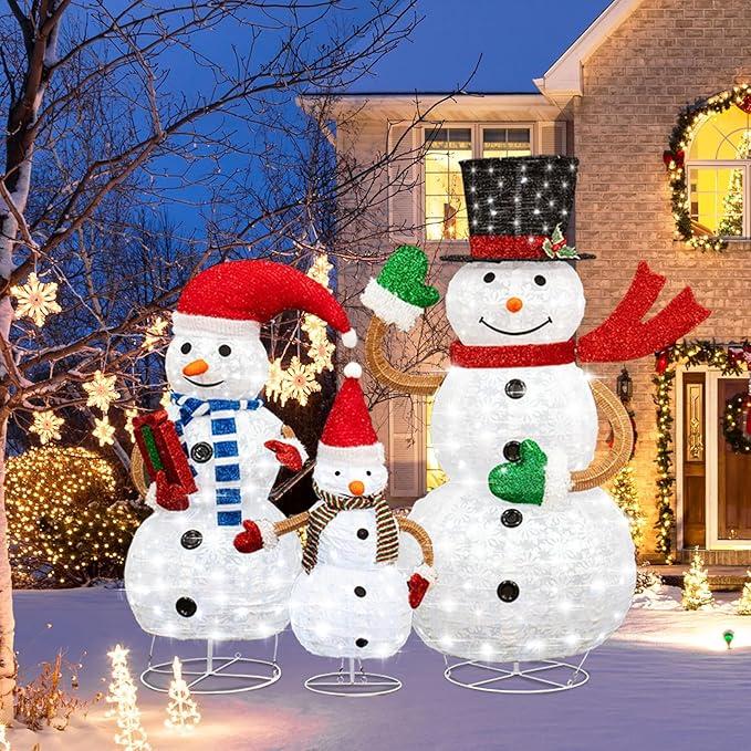 DKLGG 3 Piece Lighted Snowman Christmas Decorations, Outdoor Pop-up 2FT 3FT 4FT High Snowman w 210 Lights, Snowman Family