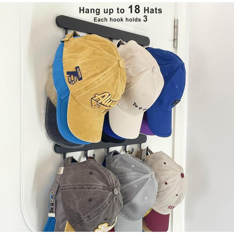 Adhesive Hat Organizer Rack for Baseball Caps [Up to 18 Caps] Hat Hanger Display for Wall Closet Over The Door, Room College Dorm Storage Holder - 2 Adhesive Straps and 10 Removable Hooks