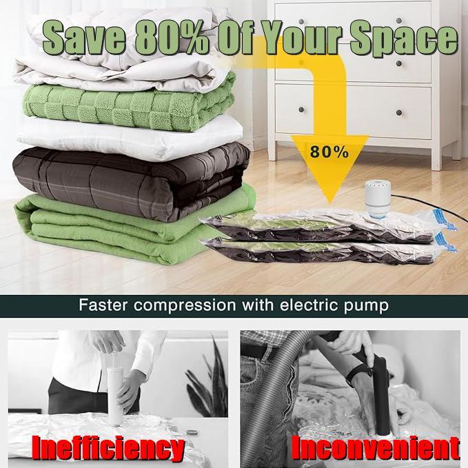 Vacuum Storage Bag with Electric Pump and Hand Pump Vacuum Sealer Bags for Store Space Saver Bag for Clothes, Mattress, Blanket, Duvets, Pillows, Comforters, Quilt, Easily for Mom, House, Travel, ,Moving, Organiser Compression