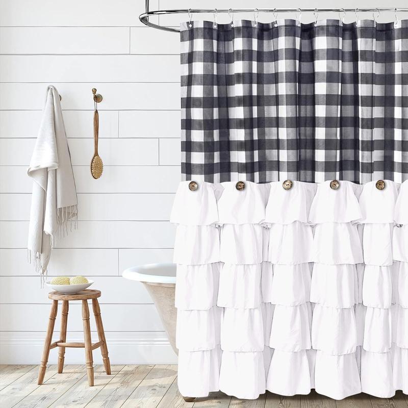 Ruffled Shower Curtain, 1 Count Plaid Pattern Bath Curtain with Button Accent, Lightweight Quick-dry Polyester Curtain for Bathroom Decor