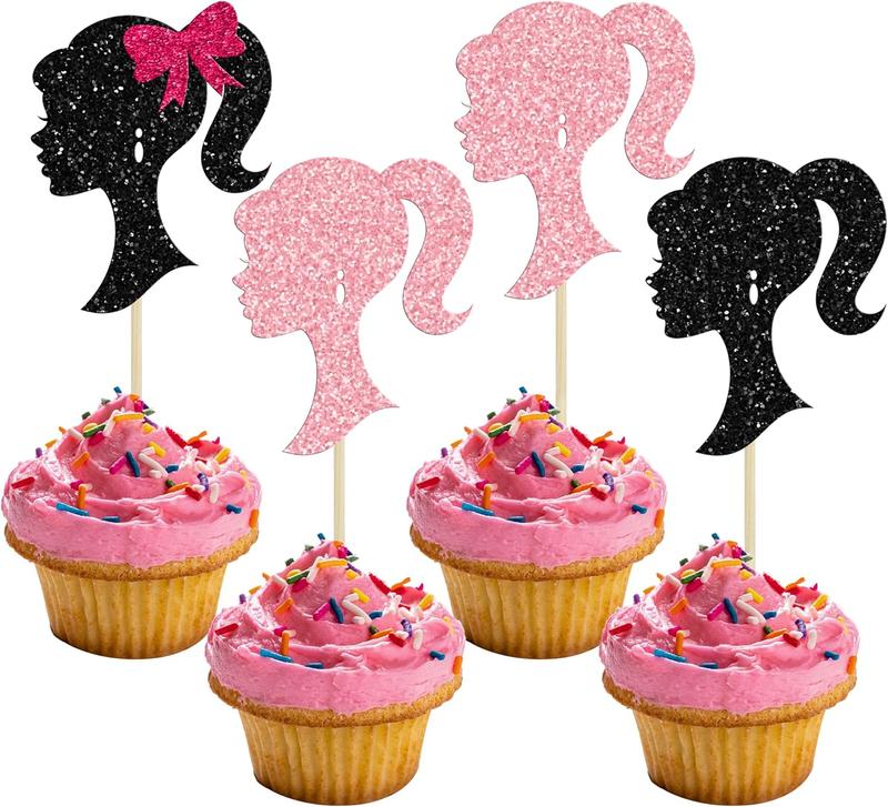 24count Hot Pink Glitter Princess Cupcake Toppers Doll Head High Heel Cupcake Topper Girl Birthday Theme Cupcake Picks for  Shower Girls Birthday Party Supplies Rose Red