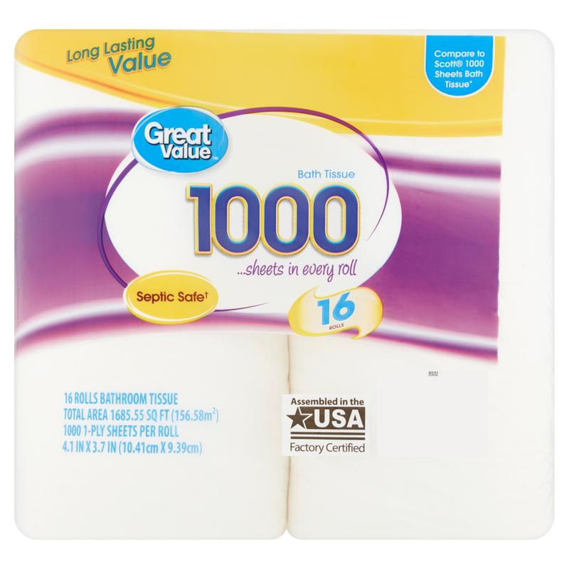 Great Value 1000 Bath Tissue Rolls, 16 Rolls - 1-Ply, 16000 Sheets, Ideal for Shared Housing, Families, and Office Spaces - Toilet, Cleaning