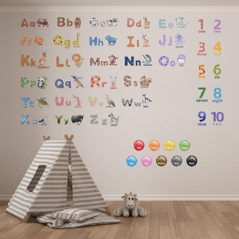 Alphabet & Animal Pattern Wall Decal, ABC Letter & Number Print Wall Sticker For Classroom, Nursery, Kids Bedroom